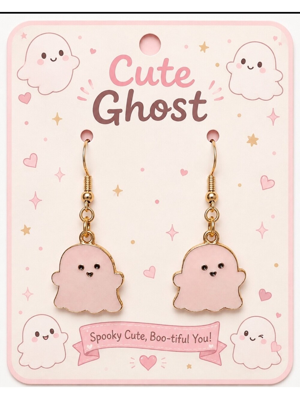 Cute Boutique Pink & Gold Ghost Halloween Hypoallergenic Dangle Earrings
